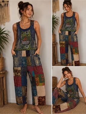 Rising International Multicolor Boho Patchwork Wide-Leg Jumpsuit